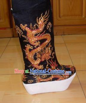 Ancient Chinese Handmade Black Emperor Dragon Embroidery Boots Shoes