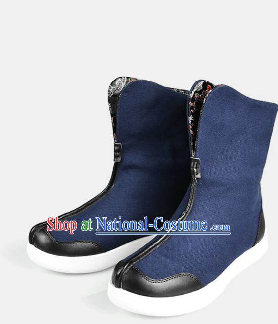 Traditional Chinese Style Classic Handmade Blue Boots for Men