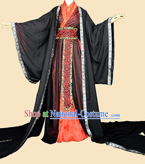 Black Red Traditional Chinese Classical Hanfu Clothing Complete Set with Long Tail