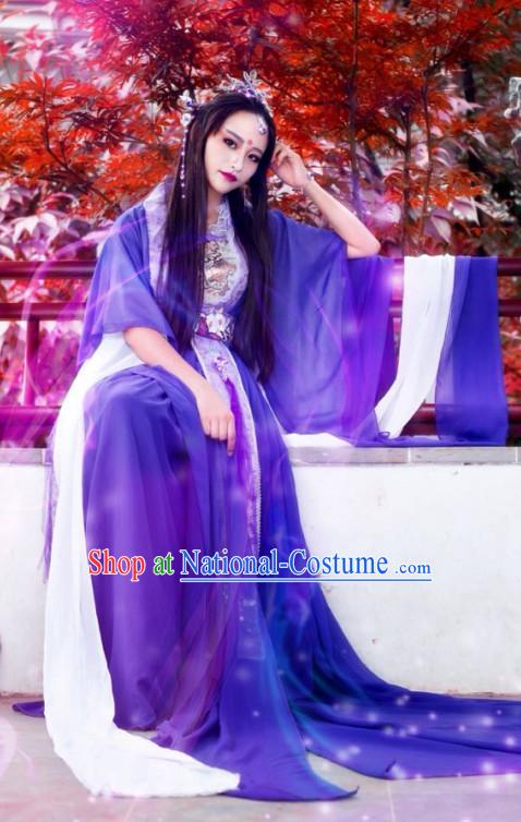 Purple Traditional Chinese Classical Hanfu Dresses and Hair Jewelry Complete Set for Women