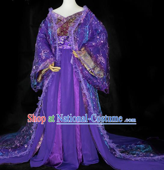 Purple Traditional Chinese Classical Empress Costumes Complete Set with Long Tail