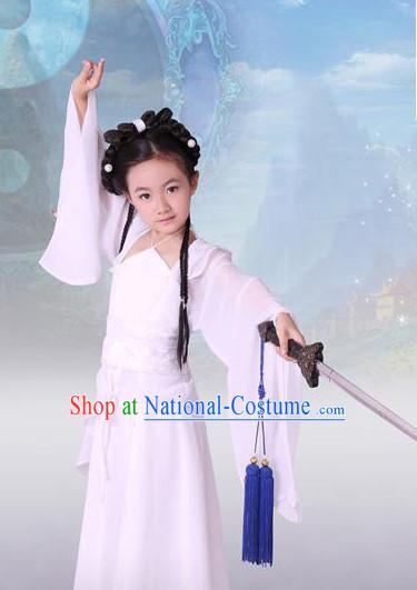 Pure White Chinese Classical Dragon Lady Costumes for Kids Children