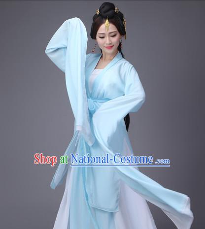 Light Blue Ancient Chinese Long Sleeves Dance Costumes Complete Set for Women