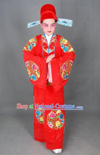 Ancient Chinese Opera Scholar Wedding Costumes and Hat Complete Set for Men