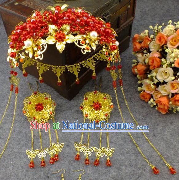 Chinese Wedding Bridal Hair Accessories Headwear Headdress Hair Accessory Hair Jewelry and Necklace Earrings Set for Women or Girls