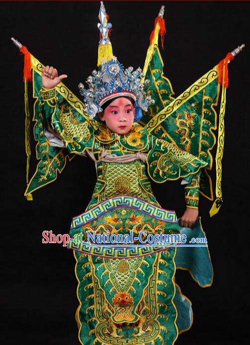 Green Chinese Classic Peking Opera Costume Beijing Opera Costumes Wusheng Armor Complete Set for Adults Kids Men Boys