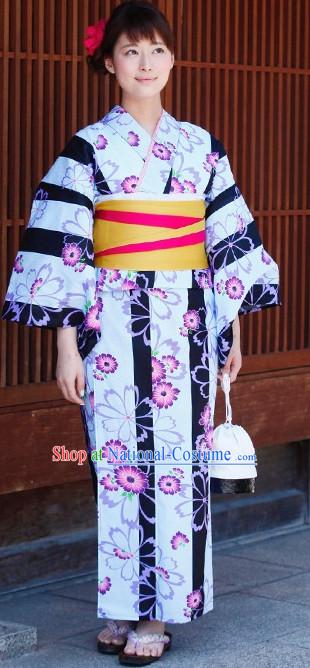 Traditional Japanese White Kimono Fashion Furisode Yukata Clothing Stain Robe Dress online Complete Set for Women