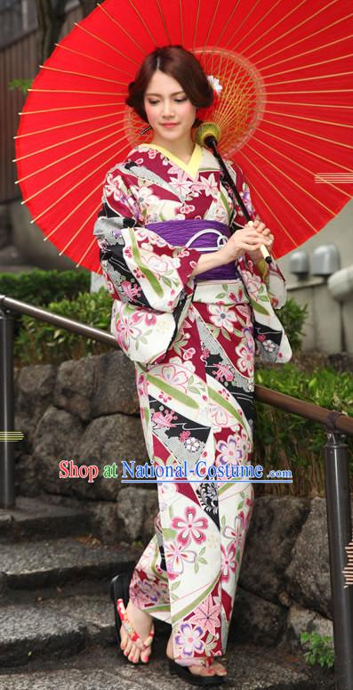 Traditional Authentic Japanese Kimono Kimonos Dress Fashion Furisode Yukata Clothing Robe online Complete Set for Women