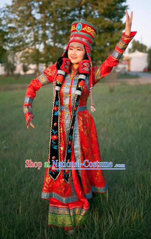 Ancient Chinese Mongolian Princess Clothing Garment Clothing and Hat Headpieces Complete Set