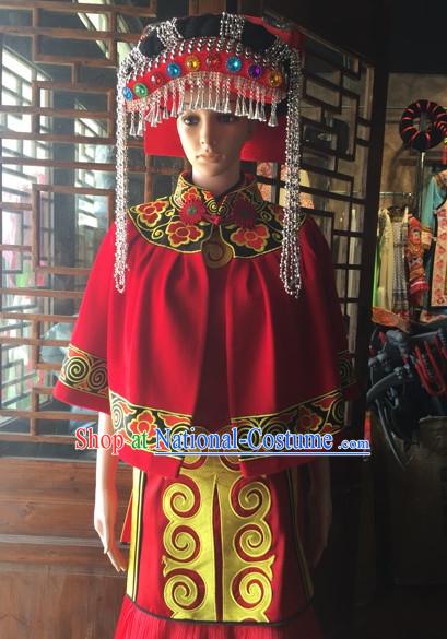 Chinese Folk Ethnic Traditional Dress Garment and Hat Complete Set for Women