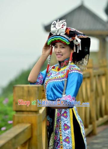 Chinese Folk Ethnic Traditional Garments and Hat Complete Set for Women