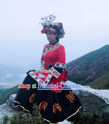 Chinese Folk Ethnic Traditional Clothes and Hat Complete Set for Women