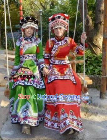 Red Chinese Folk Ethnic Traditional Clothes and Hat Complete Set for Women