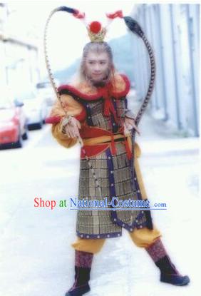 Chinese Ancient Monkey King General Armor Costumes and Feather Hat Complete Set for Men