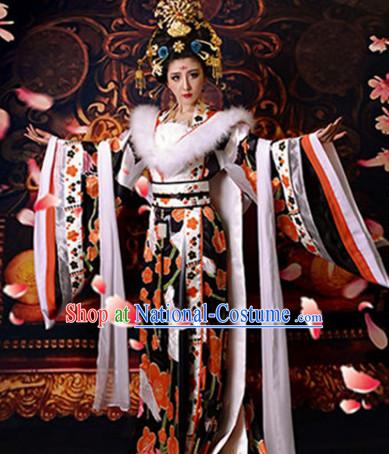 Chinese Ancient Tang Dynasty Empress Crane Dresses and Hair Accessories Complete Set