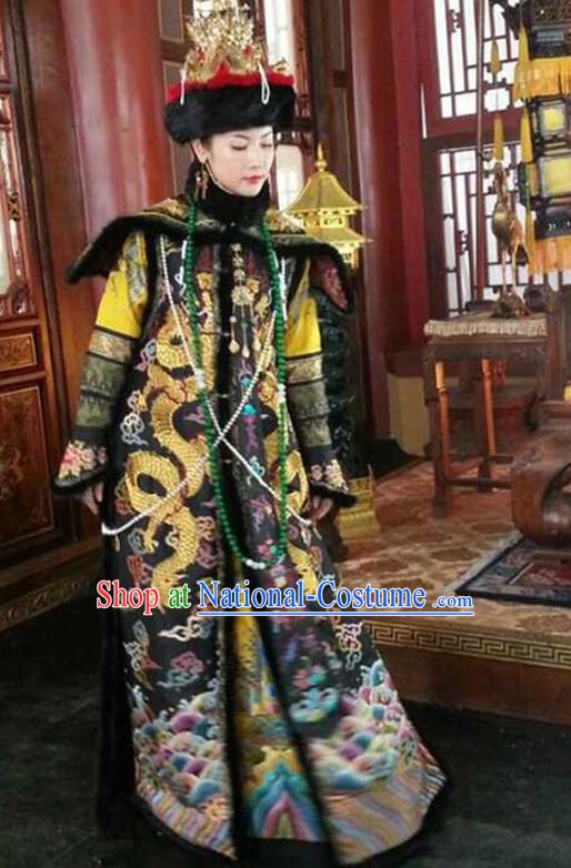 Qing Dynasty Imperial Empress Stage Costumes and Hat Complete Set