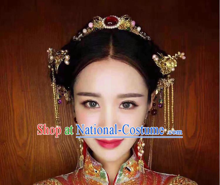 Chinese Ancient Style Hair Jewelry Accessories, Hairpins, Princess Hanfu Xiuhe Suit Wedding Bride Hair Accessories Set for Women