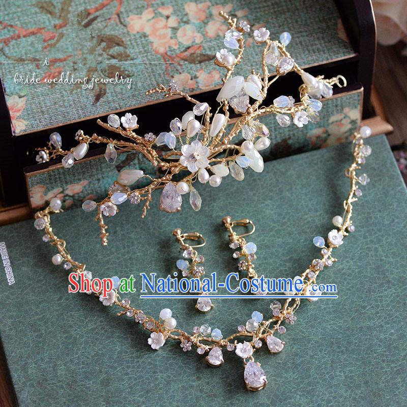 Traditional Jewelry Accessories, Princess, Bride Royal Crown, Wedding Hair Accessories, Baroco Style Pearl Headwear, Crystal, Necklaces, Earring Set for Women