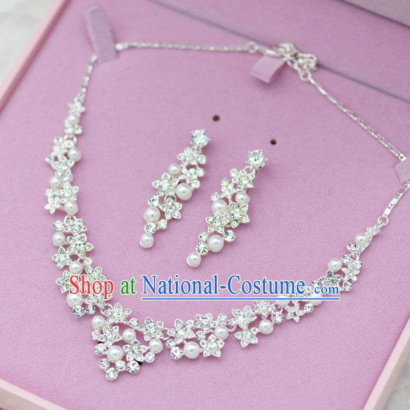 Traditional Jewelry Accessories, Princess, Bride Royal Crown, Wedding Baroco Style Pearl Crystal Necklaces, Earrings, Set for Women