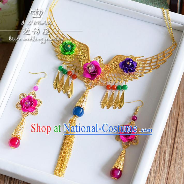 Chinese Ancient Style Jewelry Accessories, Traditional Earrings, Princess Hanfu Xiuhe Suit Wedding Bride Necklace, Necklace and Earrings Women