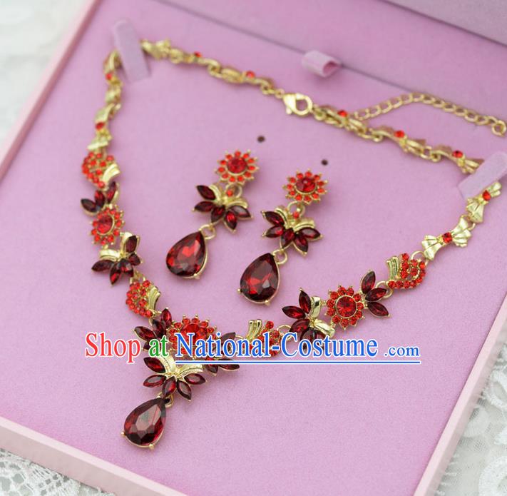 Traditional Wedding Jewelry Accessories, Palace Princess Bride Accessories, Engagement Necklaces, Wedding Earring, Baroco Style Red Crystal Necklace Set for Women