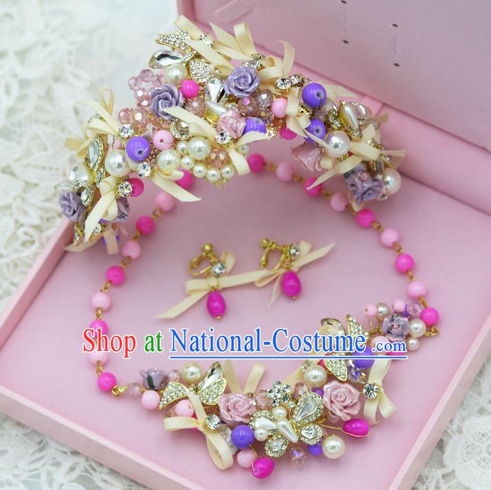 Traditional Jewelry Accessories, Palace Princess Bride Royal Crown, Queen Engagement Necklace, Wedding Earrings Accessories, Baroco Style Colorful Crystal Headwear Set for Women