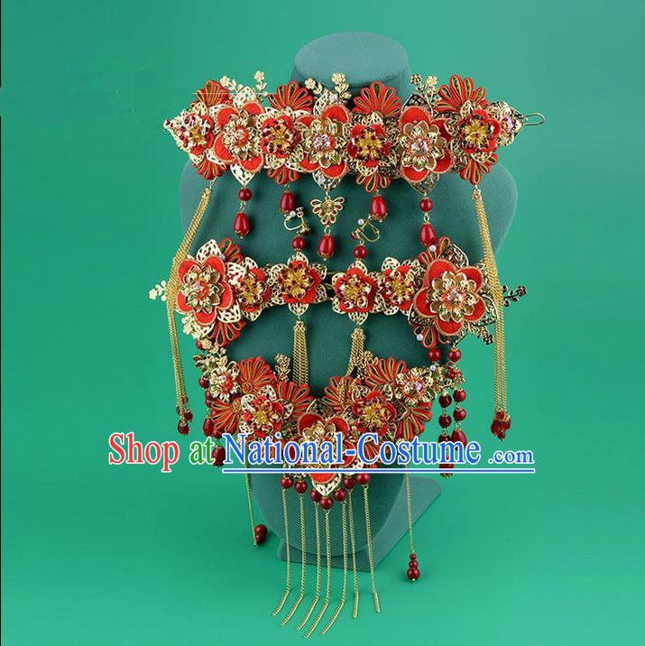 Chinese Ancient Style Hair Jewelry Accessories, Hairpins, Hanfu Xiuhe Suits Wedding Bride Headwear, Headdress, Imperial Empress Handmade Phoenix Hair Fascinators Set for Women