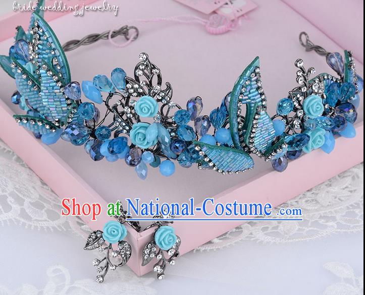 Traditional Jewelry Accessories, Palace Princess Bride Royal Crown, Engagement Royal Crown, Wedding Hair Accessories, Baroco Style Crystal Blue Headwear for Women