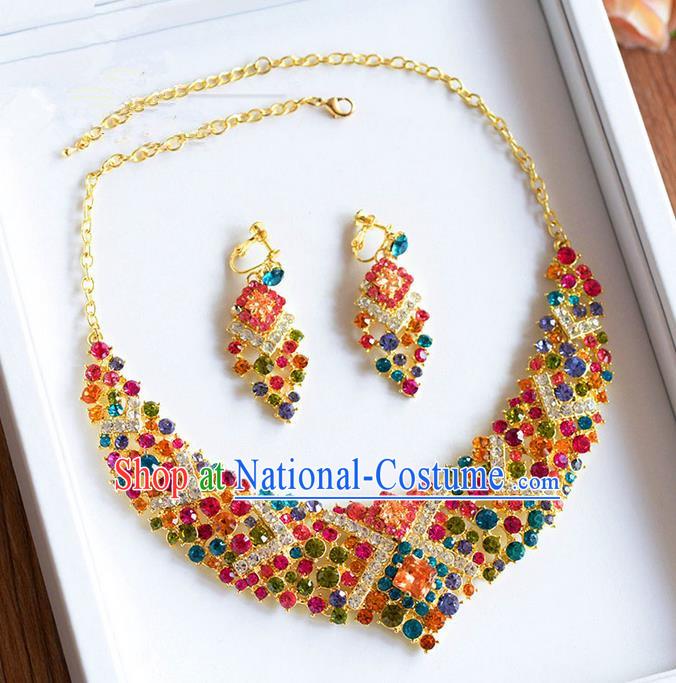 Traditional Jewelry Accessories, Palace Princess Wedding Accessories, Baroco Style Colorful Crystal Earrings and Necklace Set for Women