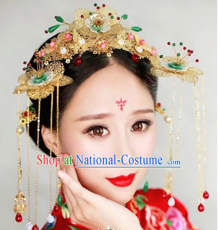 Chinese Ancient Style Hair Jewelry Accessories, Hairpins, Hanfu Xiuhe Suits Wedding Bride Headwear, Headdress, Imperial Empress Handmade Hair Fascinators Set for Women