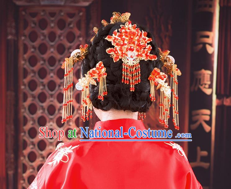 Chinese Ancient Style Hair Jewelry Accessories, Hairpins, Hanfu Xiuhe Suits Wedding Bride Headwear, Headdress, Imperial Empress Handmade Hair Fascinators Set for Women