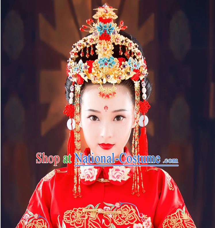 Chinese Ancient Style Hair Jewelry Accessories, Hairpins, Hanfu Xiuhe Suits Wedding Bride Headwear, Headdress, Imperial Empress Handmade Chinese Knot Hair Fascinators Set for Women