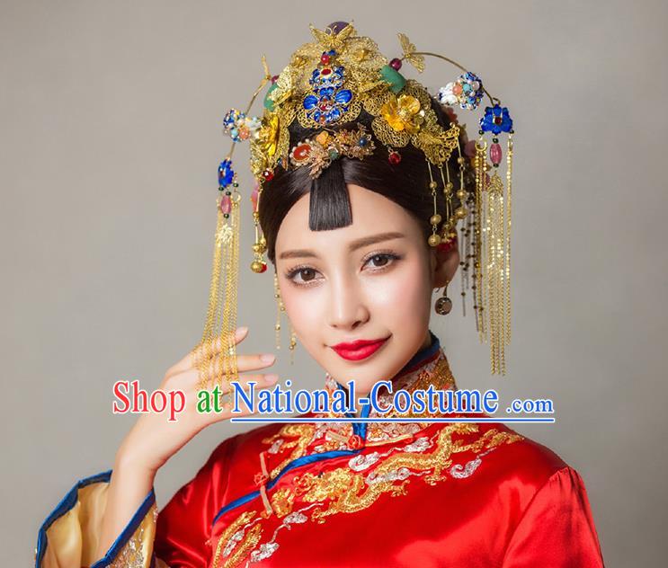 Chinese Ancient Style Hair Jewelry Accessories, Hairpins, Hanfu Xiuhe Suits Wedding Bride Headwear, Headdress, Imperial Empress Handmade Cloisonn Hair Fascinators Set for Women