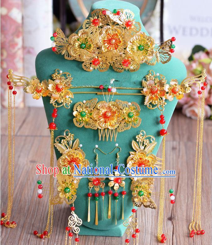 Chinese Ancient Style Hair Jewelry Accessories, Hairpins, Hanfu Xiuhe Suits Wedding Bride Headwear, Headdress, Imperial Empress Handmade Hair Fascinators Set for Women