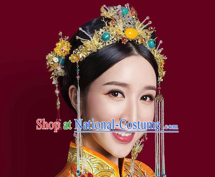 Chinese Ancient Style Hair Jewelry Accessories, Hairpins, Hanfu Xiuhe Suits Wedding Bride Headwear, Headdress, Imperial Empress Handmade Hair Fascinators Set for Women