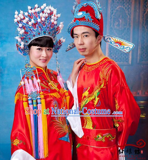 Traditional Chinese Wedding Dress Bride Groom Men Women Ancient Chinese Princess Prince Phoenix Coronet Shawl Zhuang Yuan Headwearing