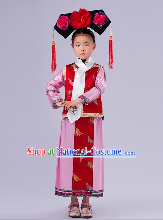 Ancient Chinese Palace Costumes Complete Set, Traditional Qing Dynasty Ancient Princess Skirt, Manchu Children Clothing, Cosplay Manchu Princess Dress Suits for Kids