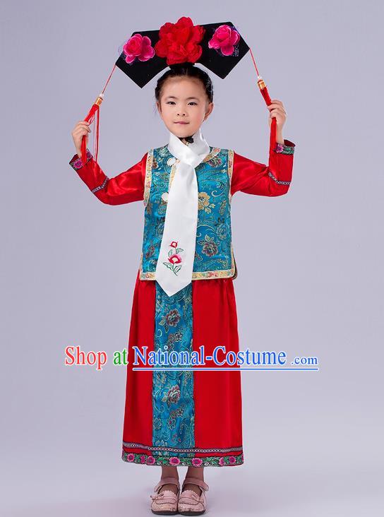 Ancient Chinese Palace Costumes Complete Set, Traditional Qing Dynasty Ancient Princess Skirt, Manchu Children Clothing, Cosplay Manchu Princess Dress Suits for Kids