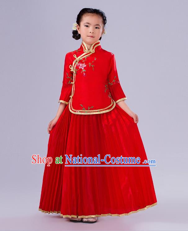 Traditional Chinese Costumes Complete Set, Qing Dynasty Ancient Princess Skirt,  Republic of China National Costume, Guzheng Classical Dance Performance Clothing for Kids