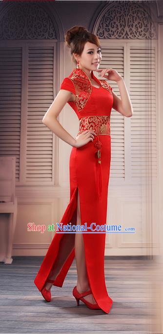 Ancient Chinese Costumes, Manchu Clothing, Hotel Etiquette Improved Cheongsam, Traditional Red Cheongsam Wedding Dress for Bride