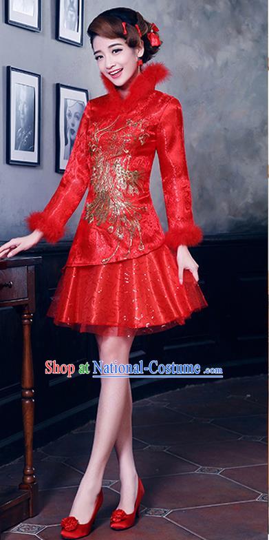 Ancient Chinese Costumes, Manchu Clothing, Hotel Etiquette Improved Cheongsam, Traditional Red Cheongsam Wedding Toast Dress for Bride