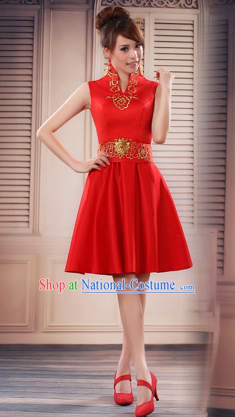 Ancient Chinese Costumes, Manchu Clothing, Hotel Etiquette Improved Short Cheongsam, Traditional Red Cheongsam Wedding Toast Dress for Bride