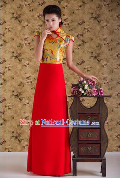 Ancient Chinese Costumes, Manchu Clothing, Hotel Etiquette Improved Dragon Cheongsam, Traditional Red Cheongsam Wedding Toast Dress for Bride