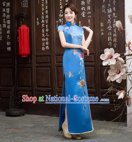 Ancient Chinese Costumes, Manchu Clothing Qipao, Retro Silk Long Embroidered Cheongsam, Traditional Red Fish Tail Cheongsam Wedding Toast Dress for Bride