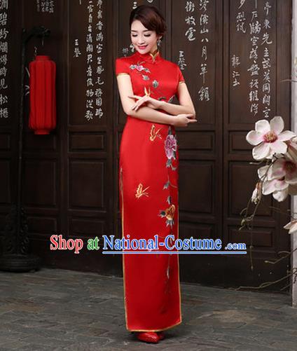 Ancient Chinese Costumes, Manchu Clothing Qipao, Retro Silk Long Embroidered Cheongsam, Traditional Red Fish Tail Cheongsam Wedding Toast Dress for Bride