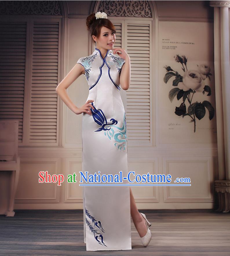 Ancient Chinese Costumes, Manchu Clothing Qipao, Improved Silk Mandarin Collar Cheongsam, Traditional Fish Tail Cheongsam Wedding Toast Dress for Bride