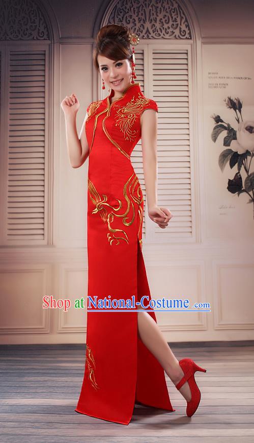 Ancient Chinese Costumes, Manchu Clothing Qipao, Improved Long Silk Mandarin Collar Cheongsam, Traditional Red Cheongsam Wedding Toast Dress for Bride