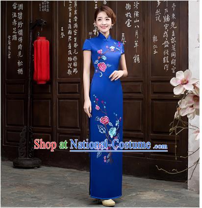 Ancient Chinese Costumes, Manchu Clothing Qipao, Improved Long Silk Mandarin Collar Embroidered Cheongsam, Traditional Cheongsam Wedding Toast Dress for Bride