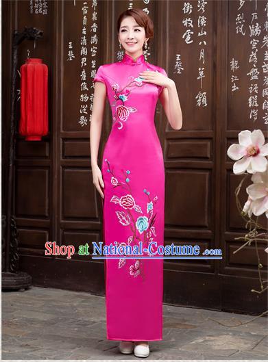 Ancient Chinese Costumes, Manchu Clothing Qipao, Improved Long Silk Mandarin Collar Embroidered Cheongsam, Traditional Cheongsam Wedding Toast Dress for Bride