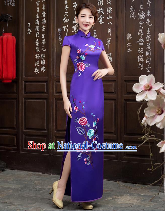 Ancient Chinese Costumes, Manchu Clothing Qipao, Improved Long Silk Mandarin Collar Embroidered Cheongsam, Traditional Cheongsam Wedding Toast Dress for Bride